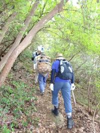 ぺんきなどをかついで山道を登っていきます。