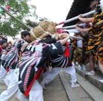 社殿の前で揉み合う俵とヤブ（写真提供：畑祭礼委員会）