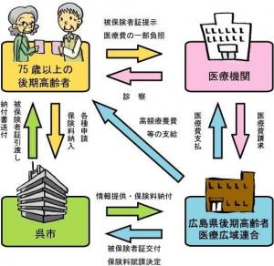 後期高齢者医療制度の運営主体(保険者）は，県内の全市町で構成する広島県後期高齢者医療広域連合です。広域連合は医療機関から医療費の請求を受け,医療機関に医療費の支払いをします。呉市は被保険者証の引渡しや保険料の納付書の送付及び各種申請の受付をしています。