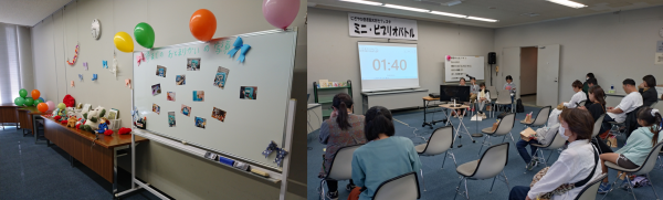 例年のようす(ぬいぐるみのお泊まり会とミニ・ビブリオバトルの写真が横並びになっている)